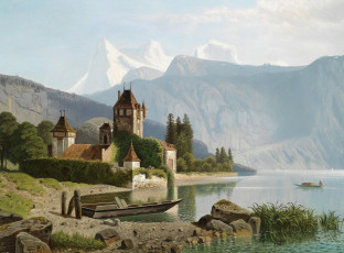 Картинка рисованные theodor nocken швейцария замок оберхофен на озере тун