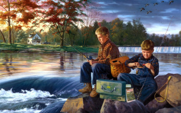 обоя fishing, buddies, рисованные, charles, freitag, река, рыбалка