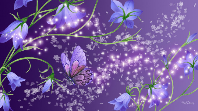 Обои картинки фото рисованные, цветы, бабочка, колокольчики