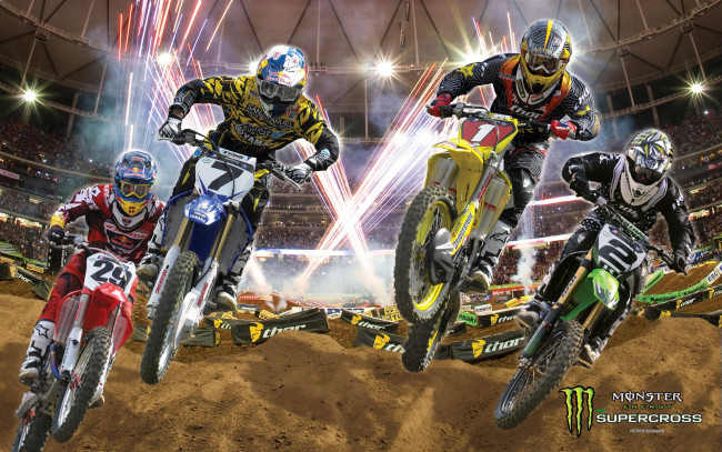 Обои картинки фото motocross, спорт, мотокросс, гонщики, мотоциклы, песок, трасса, гонка, арена