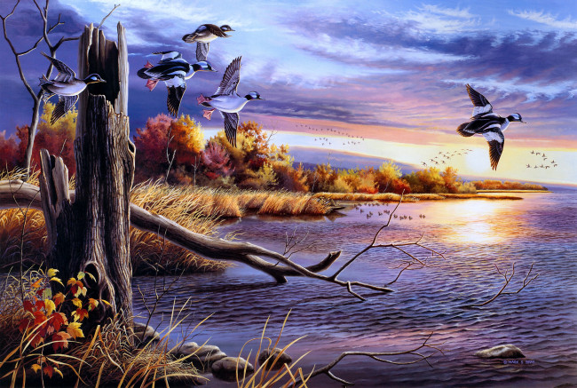 Обои картинки фото autumn, waters, рисованные, живопись, осень, озеро, утки