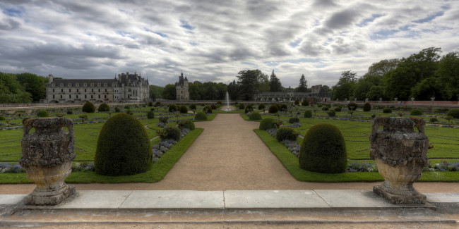 Обои картинки фото chateau, de, chenonceau, france, города, замки, луары, франция, замок, шенонсо, парк, панорама, кусты, фонтан