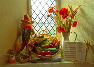 Картинка еда натюрморт цветы колосья овощи фрукты