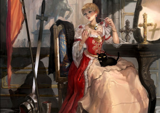 Картинка фэнтези девушки животное кот меч зеркало доспехи взгляд платье девушка арт комната