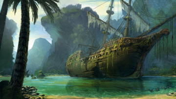 Картинка фэнтези корабли мель скалы парусник лес корабль