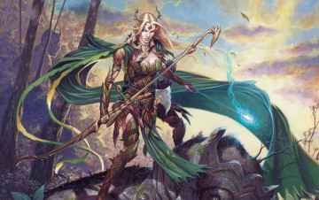 Картинка фэнтези эльфы лес магия оружие доспехи эльфийка девушка