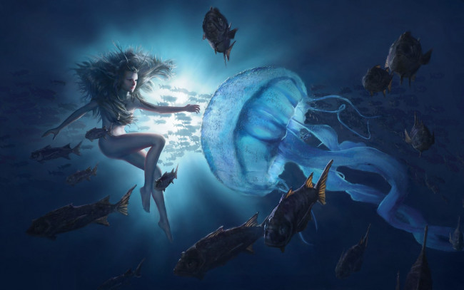 Обои картинки фото фэнтези, красавицы и чудовища, медуза, арт, рыба, море, вода, океан, девушка