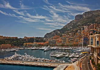 обоя города, монте-карло , монако, лодки, яхты, горы, дома, монте-карло, гавань, небо