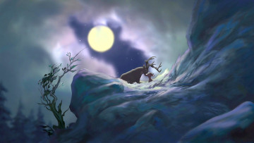 Картинка мультфильмы bambi+2 луна облака растение камни олень олененок
