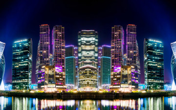 Картинка города москва+ россия ночь огни столица дома небоскребы река москва