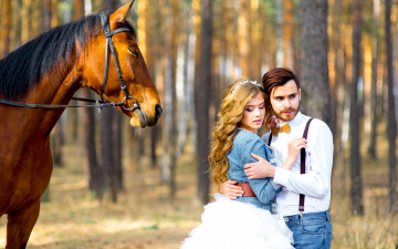 Картинка разное мужчина+женщина влюблённые парк лошадь парень пара боке девушка солнце деревья