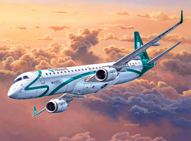 Обои картинки фото авиация, 3д, рисованые, v-graphic, солнце, небо, облака, полёт, embraer, erj, 19, пассажирский, самолет, арт, вираж, рисунок