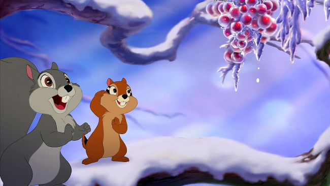 Обои картинки фото мультфильмы, bambi 2, белка, ягоды, снег
