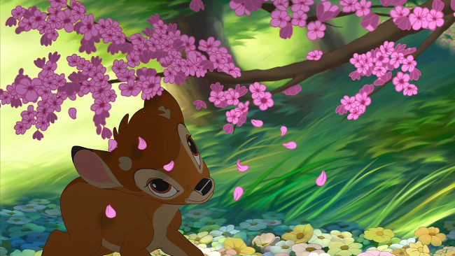 Обои картинки фото мультфильмы, bambi 2, олененок, цветы, дерево