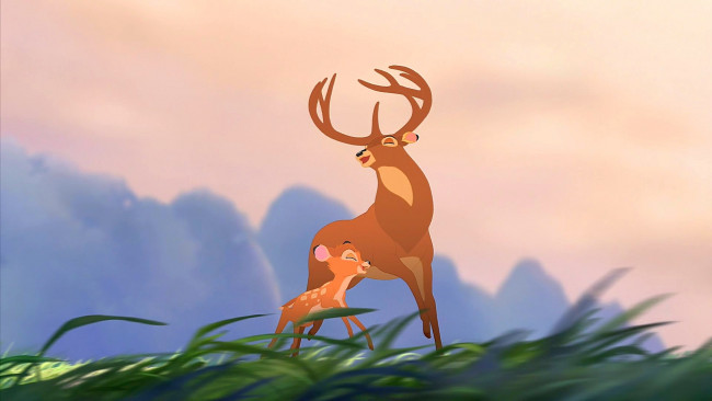 Обои картинки фото мультфильмы, bambi 2, олененок, олень, растения, радость
