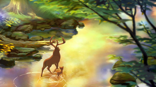 Обои картинки фото мультфильмы, bambi 2, олененок, олень, водоем, растения