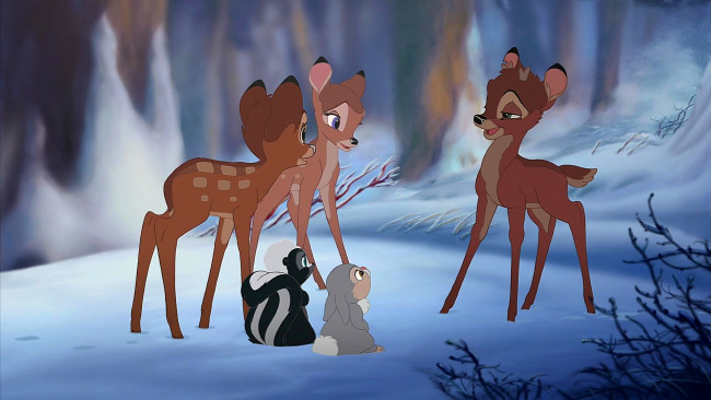 Обои картинки фото мультфильмы, bambi 2, олененок, трое, заяц, скунс