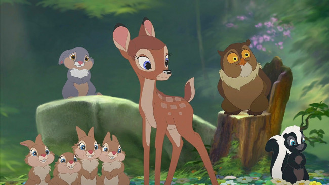Обои картинки фото мультфильмы, bambi 2, олененок, заяц, филин, скунс, растения