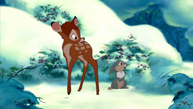 Обои картинки фото мультфильмы, bambi 2, олененок, заяц, снег, ягода