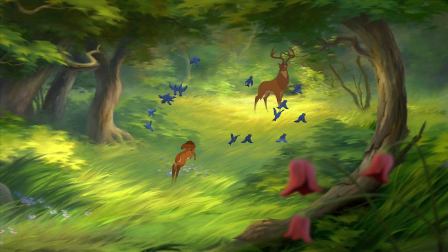 Обои картинки фото мультфильмы, bambi 2, растения, олененок, олень, птица, цветы