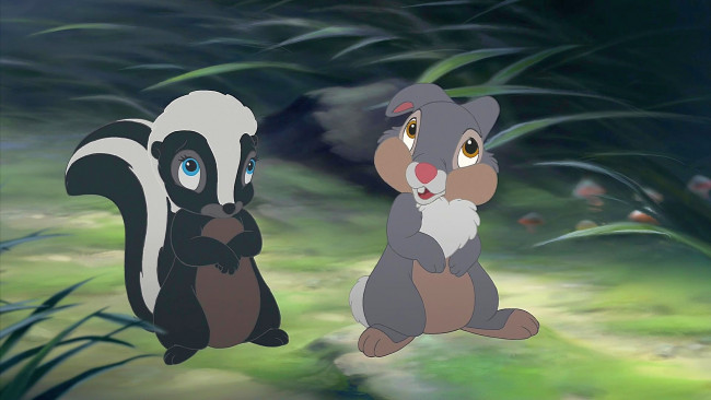 Обои картинки фото мультфильмы, bambi 2, скунс, заяц, растения