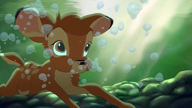 Обои картинки фото мультфильмы, bambi 2, водоем, олененок, пузыри