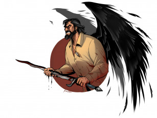 Картинка рисованное комиксы ангел мужчина кровь крылья меч
