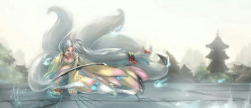 Картинка аниме kikivi+ artbook хвосты демон девушка меч