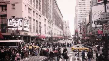 Картинка города нью-йорк+ сша здания толпа перекресток люди улица дома