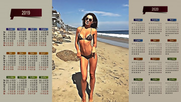 обоя календари, компьютерный дизайн, женщина, песок, купальник, водоем, очки