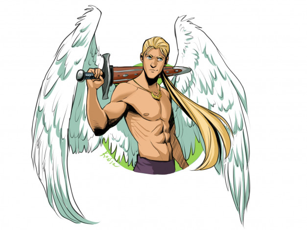 Обои картинки фото рисованное, комиксы, ангел, меч, парень, крылья