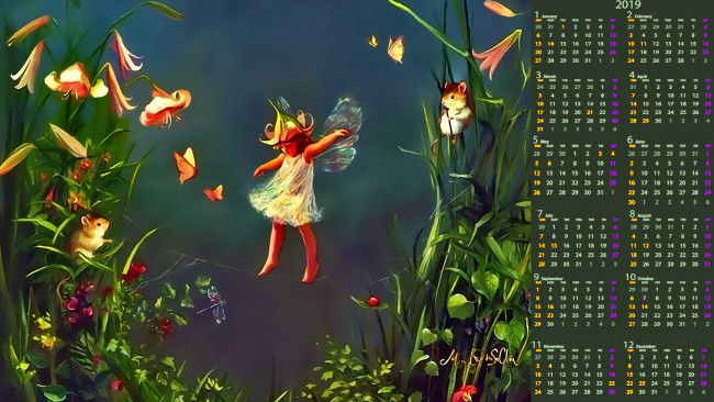 Обои картинки фото календари, фэнтези, мышь, цветы, крылья, девочка