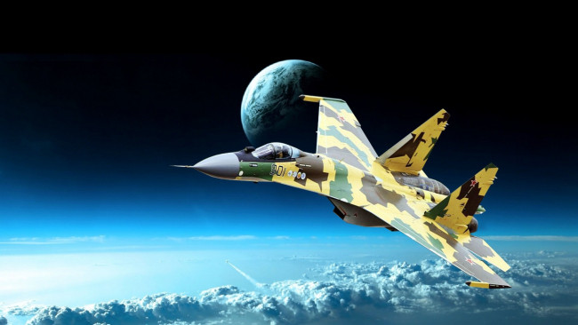 Обои картинки фото су-35, авиация, боевые самолёты, су35, стратосфера, истребитель, военная, камуфляж