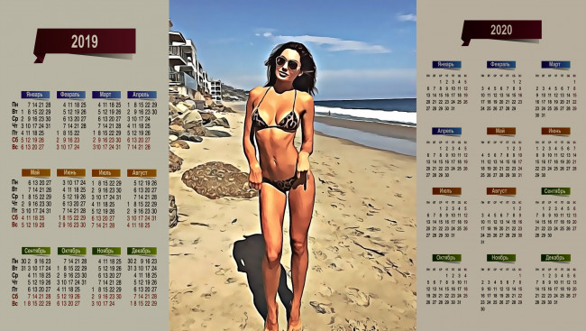 Обои картинки фото календари, компьютерный дизайн, женщина, песок, купальник, водоем, очки