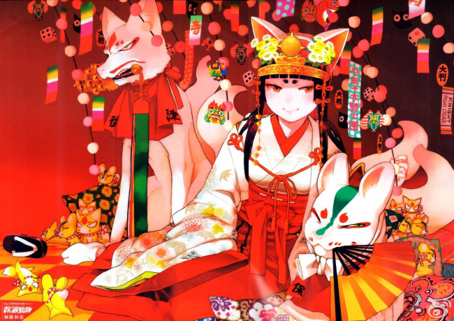 Обои картинки фото аниме, onmyouji, звери, украшения, кимоно, девочка