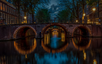 обоя города, амстердам , нидерланды, ночь, канал