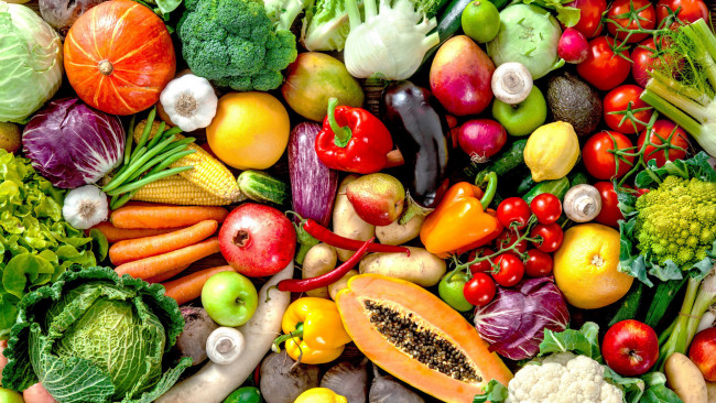 Обои картинки фото еда, овощи, манго, папайя, помидоры, капуста