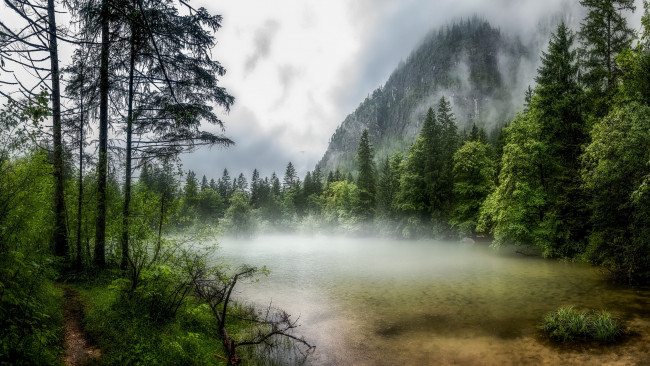 Обои картинки фото природа, горы, зеленые, деревья, туман, озеро, кусты, белые, облака, небо