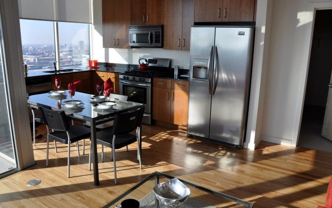 Обои картинки фото интерьер, кухня, плита, холодильник, обеденный, стол