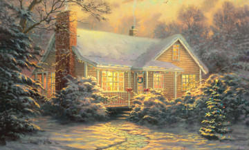 обоя thomas, kinkade, рисованные, рождество, ёлка, дом, зима