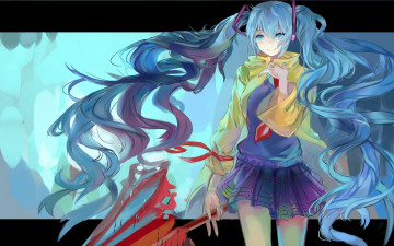 Картинка аниме vocaloid юбка зонт hatsune miku длинные волосы