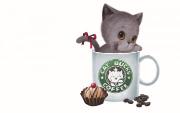 Картинка рисованные животные коты чашка котенок