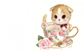 Картинка рисованные животные коты котенок чашка роза