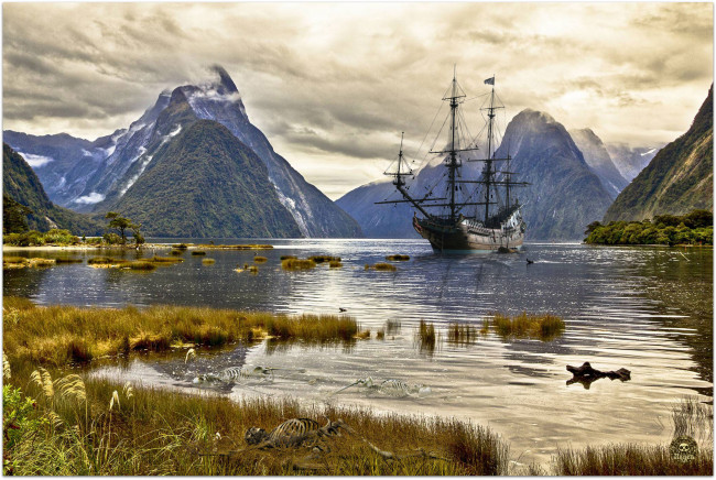 Обои картинки фото корабли, парусники, парусник, залив, горы