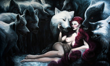 Картинка фэнтези красавицы чудовища девушка волки