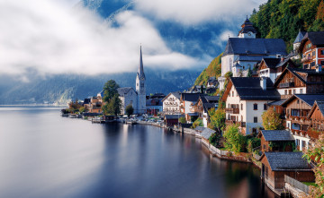 Картинка города -+пейзажи alps austria hallstatt облака леса дома горы альпы гальштат австрия озеро
