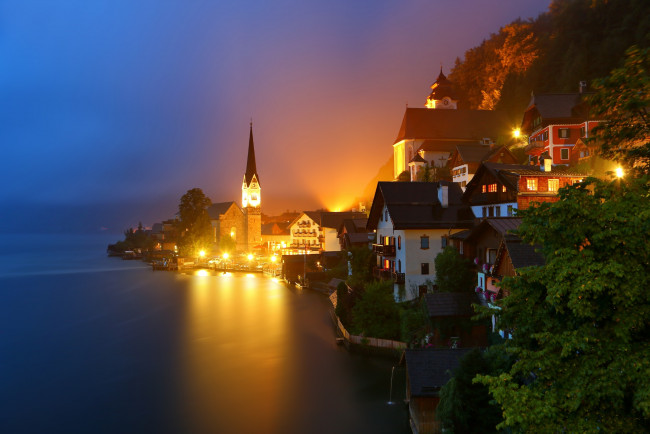 Обои картинки фото города, - огни ночного города, огни, ночь, горы, дома, альпы, озеро, австрия, гальштат, alps, austria, hallstatt