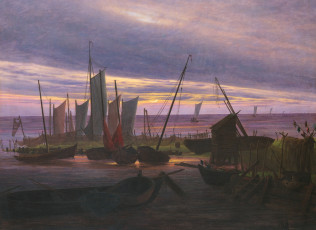 Картинка рисованное живопись картина каспар давид фридрих морской пейзаж парус лодки в гавани вечером
