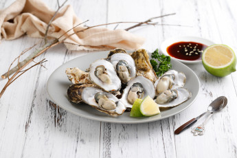 Картинка еда рыба +морепродукты +суши +роллы соевый соус мидии лайм морепродукты