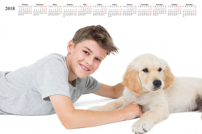 Обои картинки фото календари, дети, собака, мальчик, белый, фон